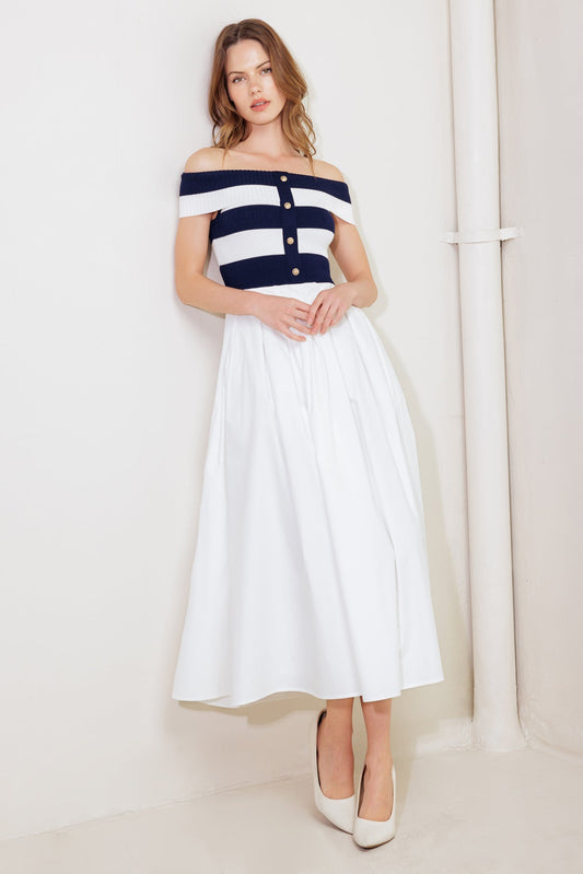 MODERN MUSE NAVY KNIT WOVEN MIDI DRESS