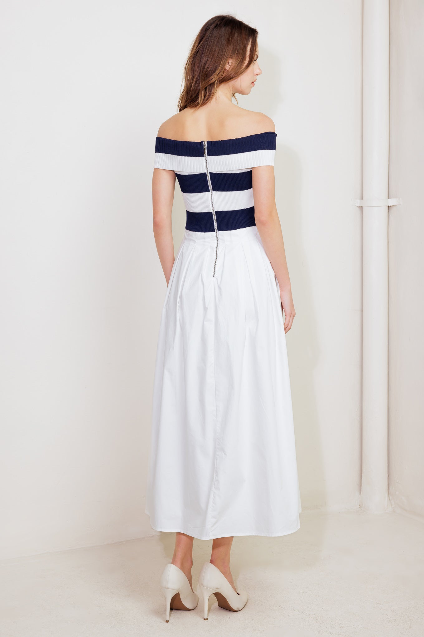 MODERN MUSE NAVY KNIT WOVEN MIDI DRESS