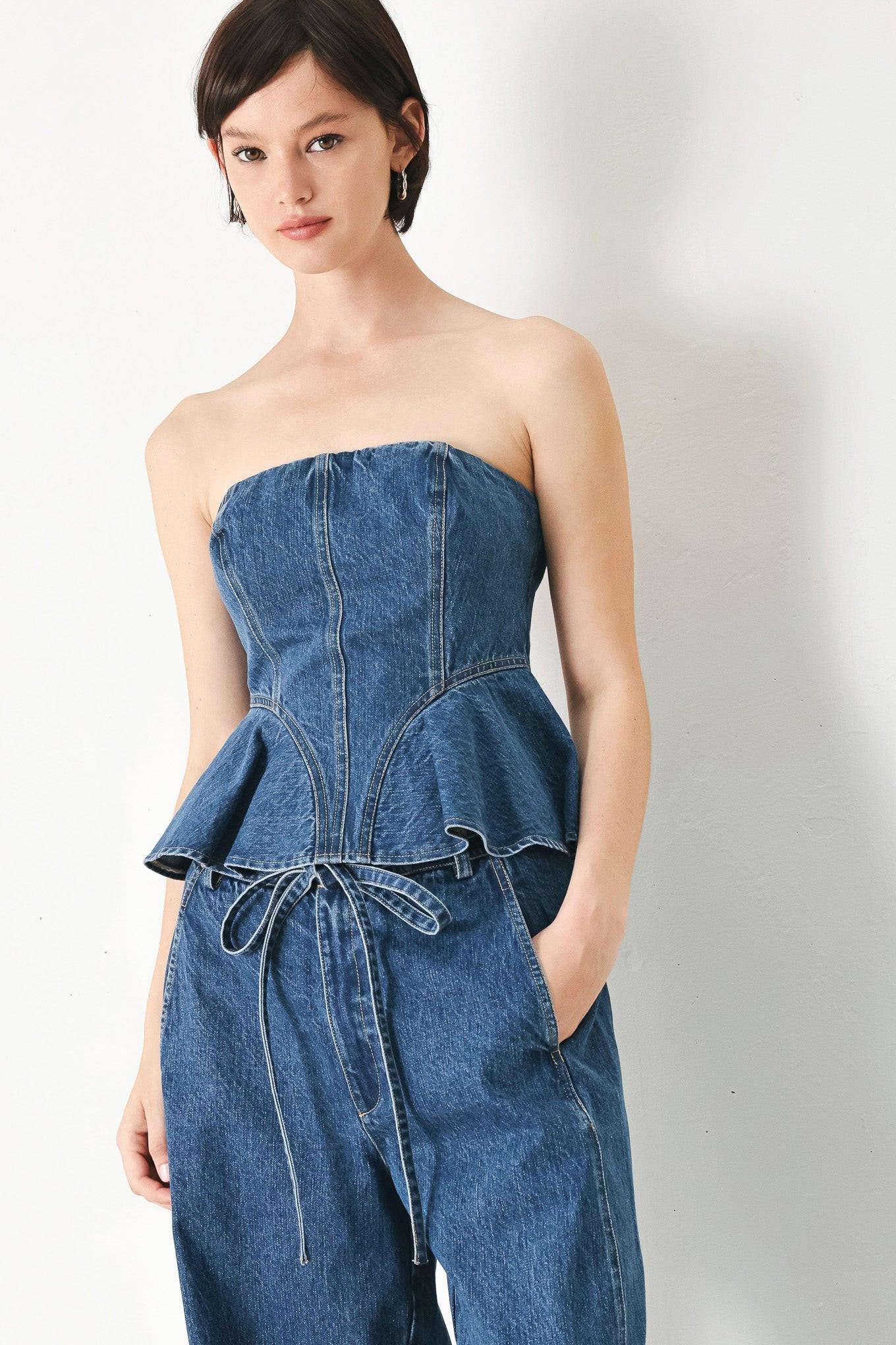 BLUE BLOSSOM BUSTIER DENIM TOP