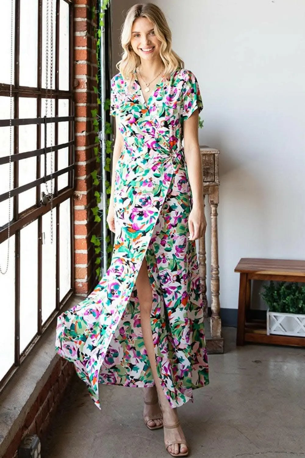 T-Shirts Trendsi First Love Slit Printed Surplice Tie Waist Short S