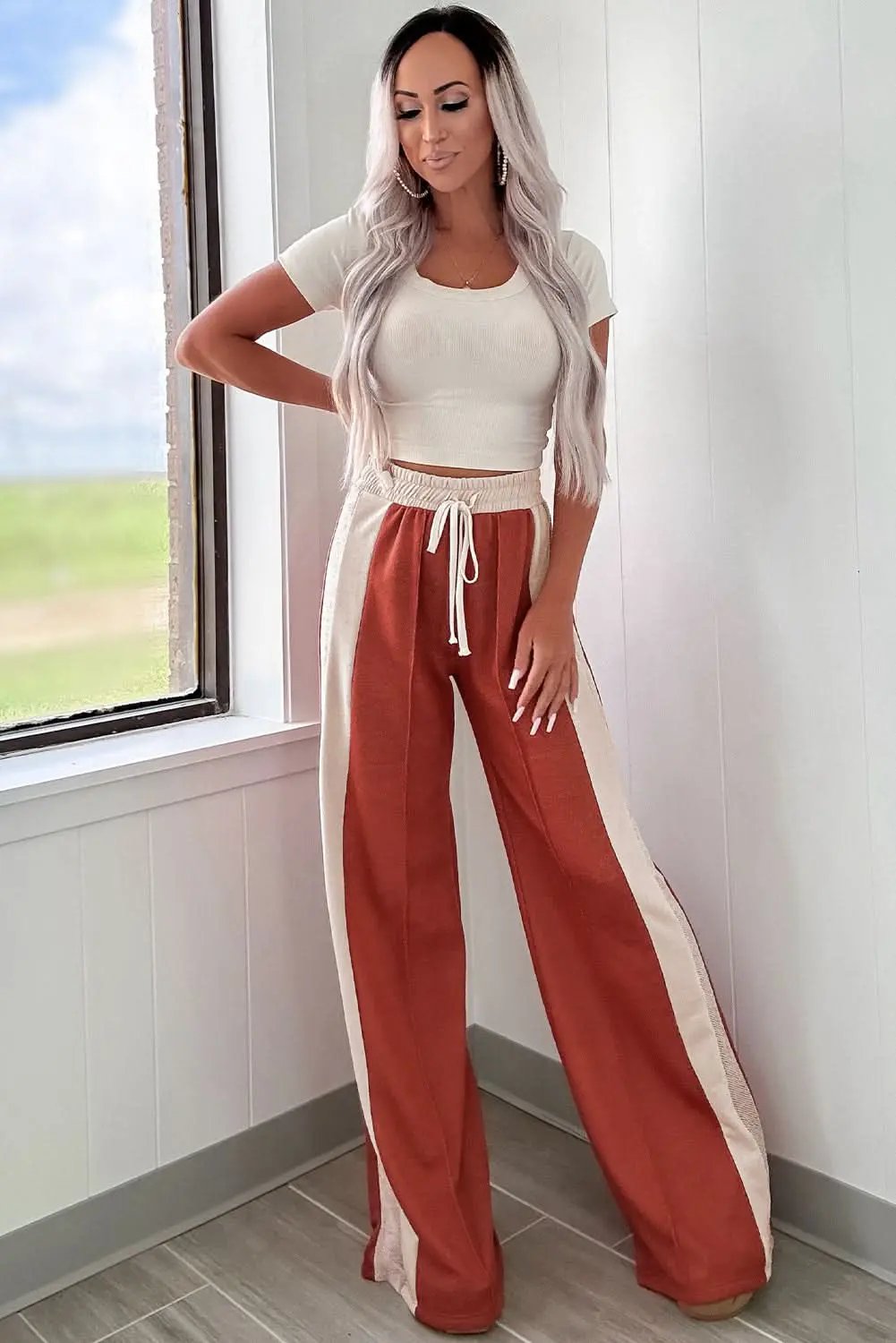 Love Salve Red Color Block Pants Women's Casual Wide Leg Trousers - High Waist, Drawstring