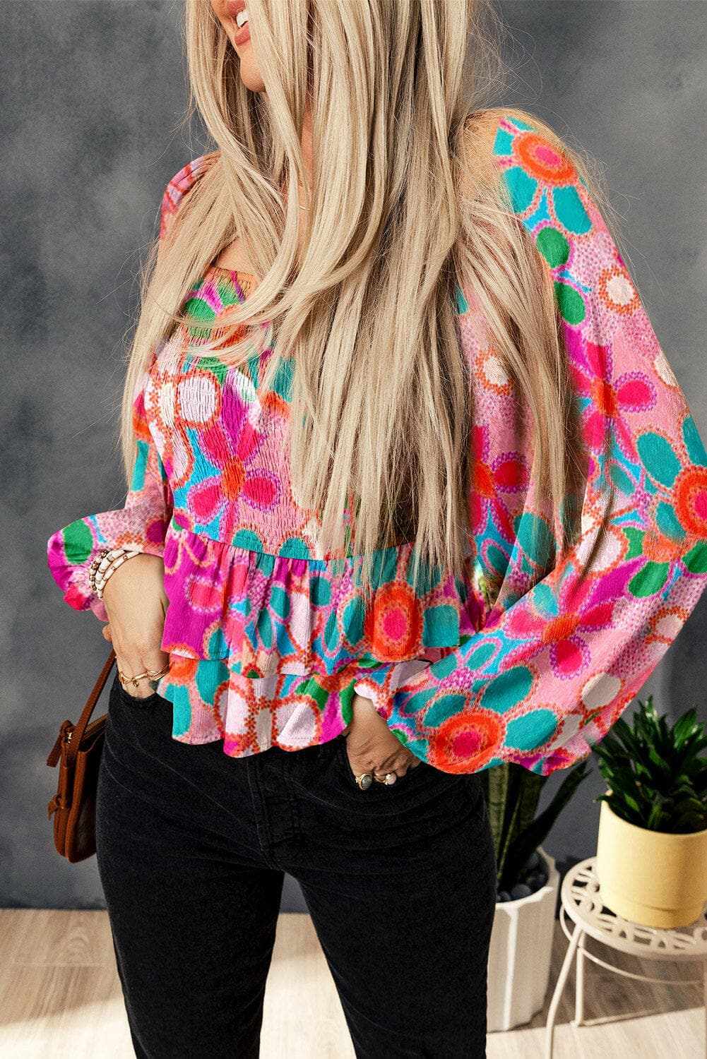 Trendsi Floral Smocked Blouse With Ruffled Details — Premium Women's Top