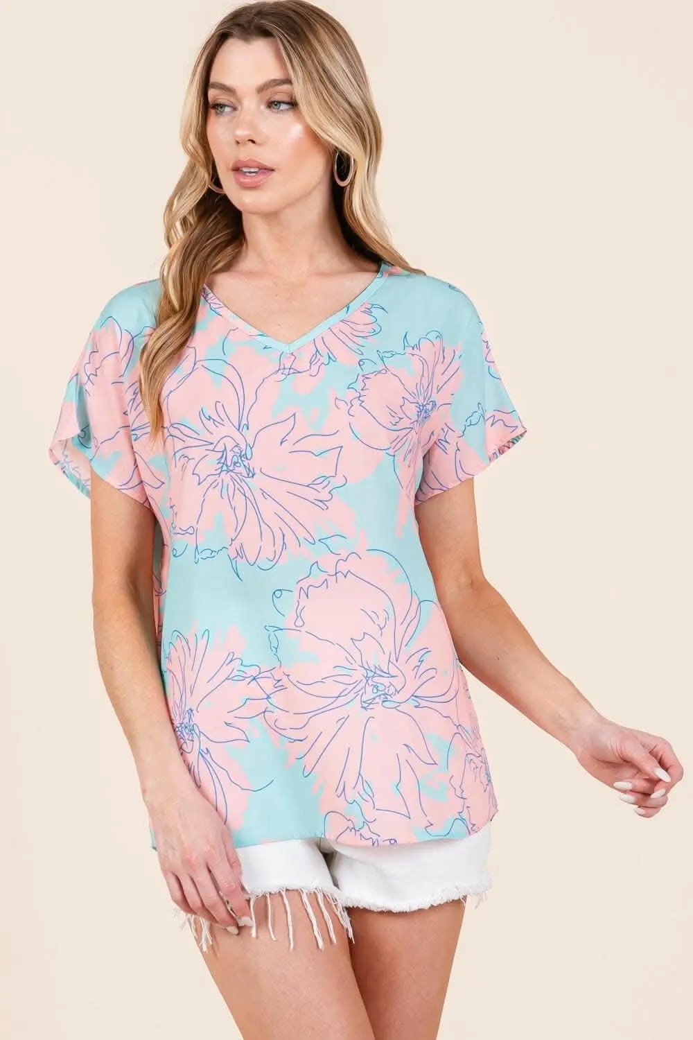 T-Shirts Trendsi Shorts - Floral Whimsy Short Sleeve Tee