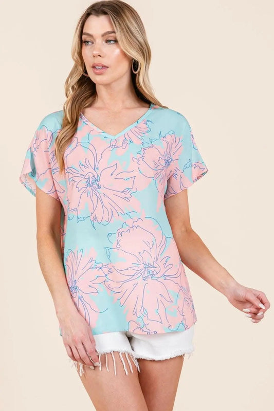 T-Shirts Trendsi Shorts - Floral Whimsy Short Sleeve Tee