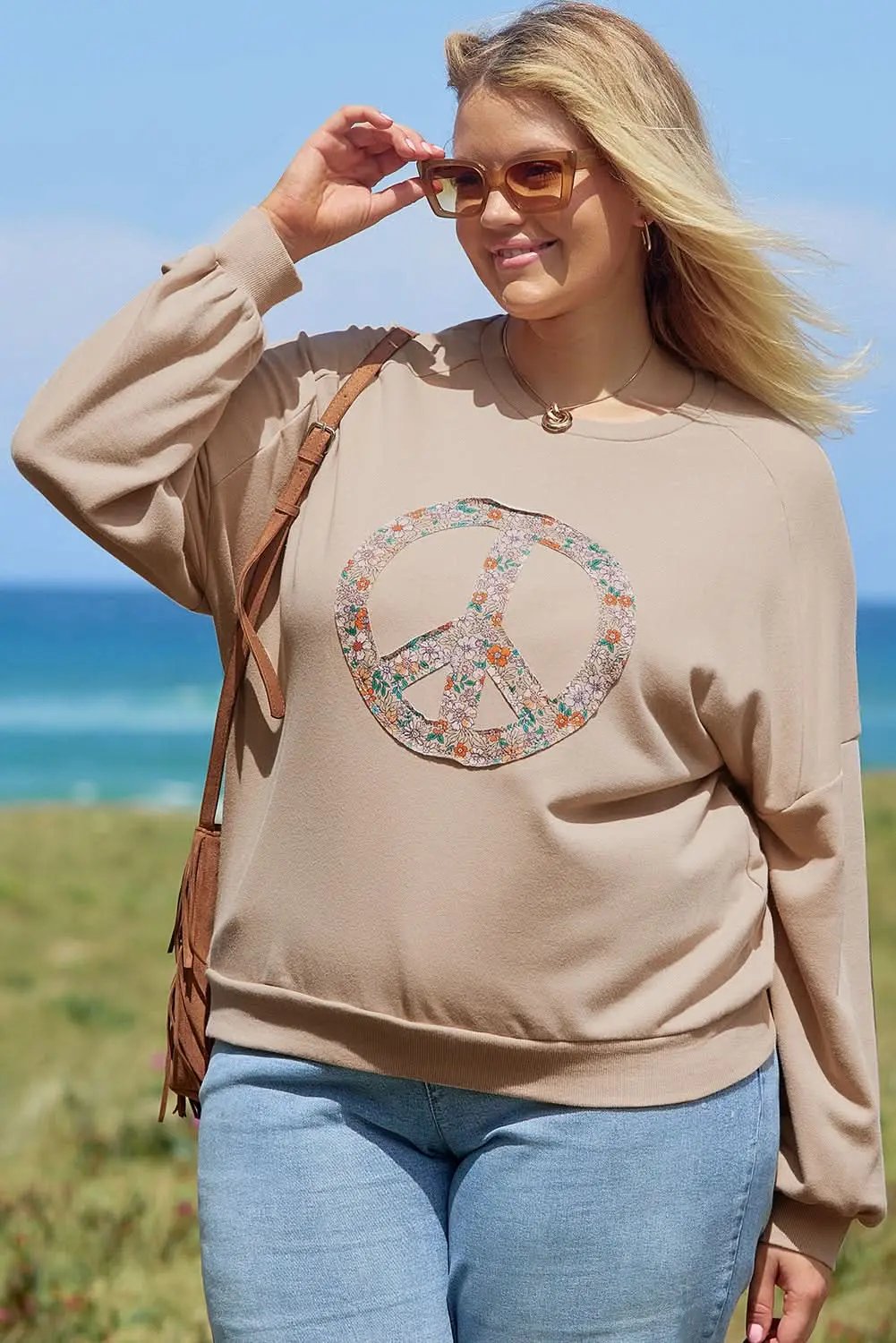Love Salve Women's Plus Size Sweatshirt Floral Peace Sign — Cozy Winter Comfort