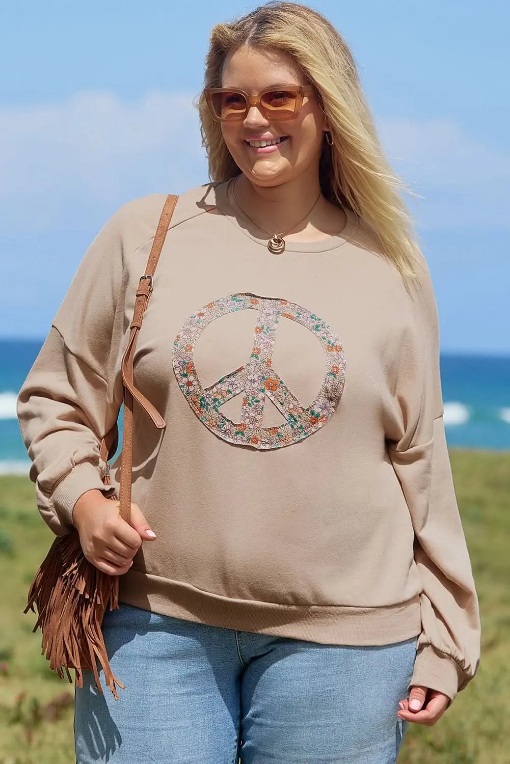 Love Salve Women's Plus Size Sweatshirt Floral Peace Sign — Cozy Winter Comfort