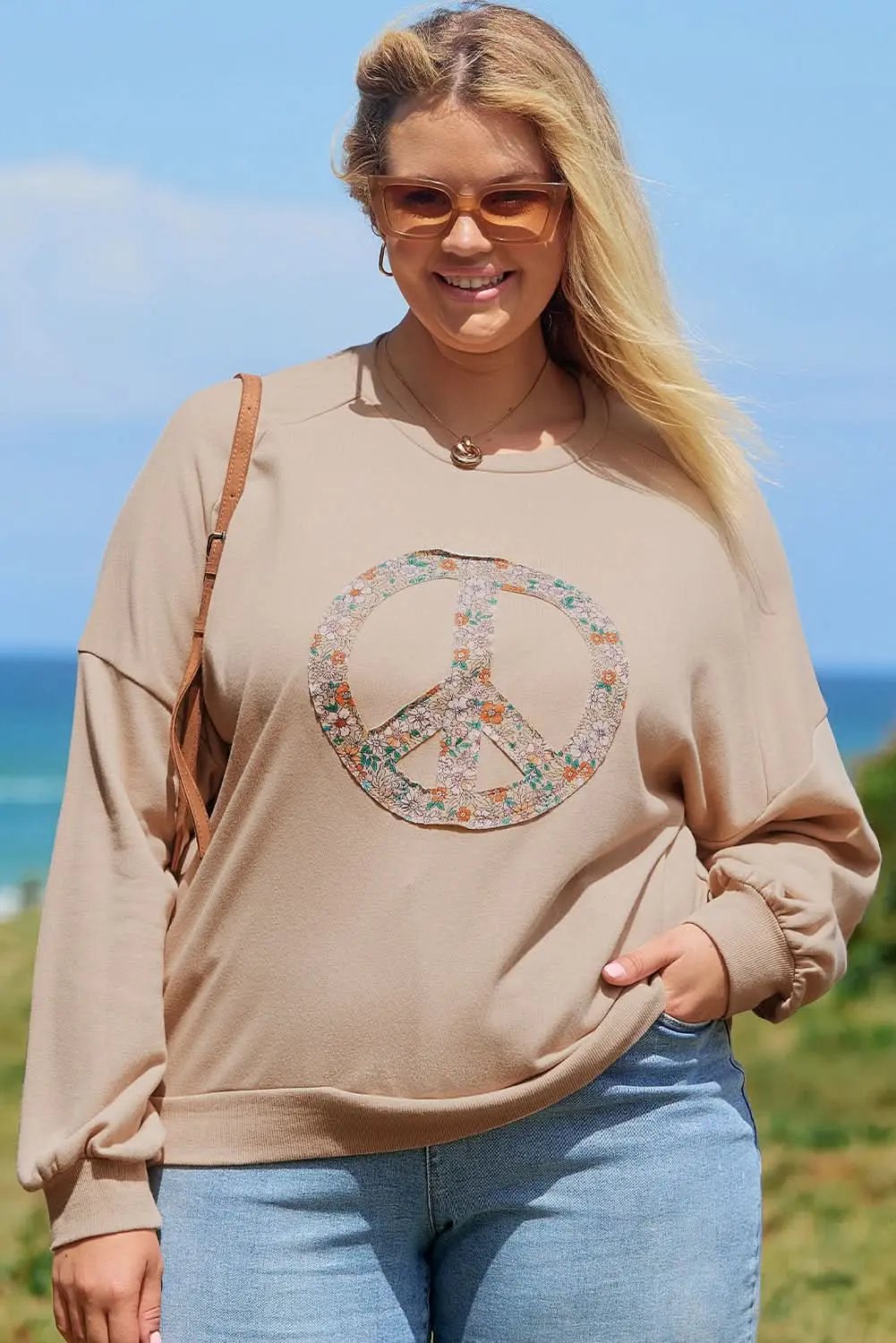 Love Salve Women's Plus Size Sweatshirt Floral Peace Sign — Cozy Winter Comfort