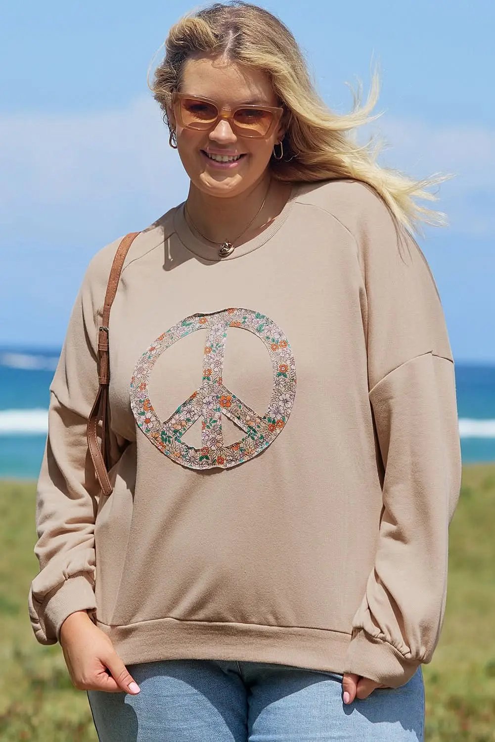 Love Salve Women's Plus Size Sweatshirt Floral Peace Sign — Cozy Winter Comfort