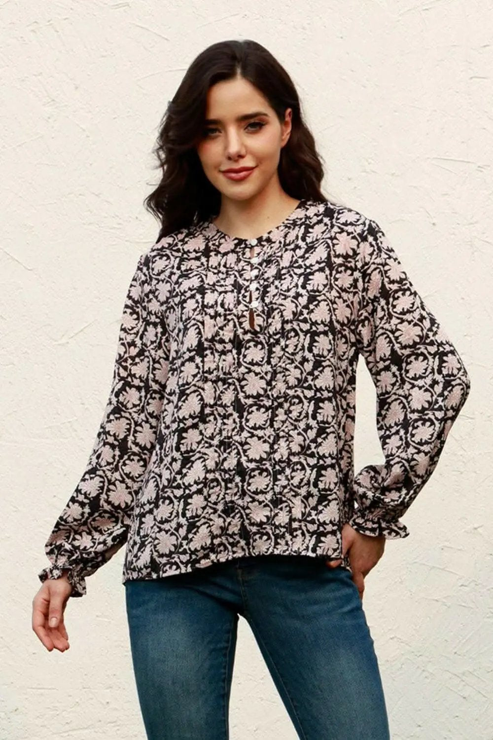 Clothing & Apparel Trendsi Floral round neck blouse with flounce sleeves