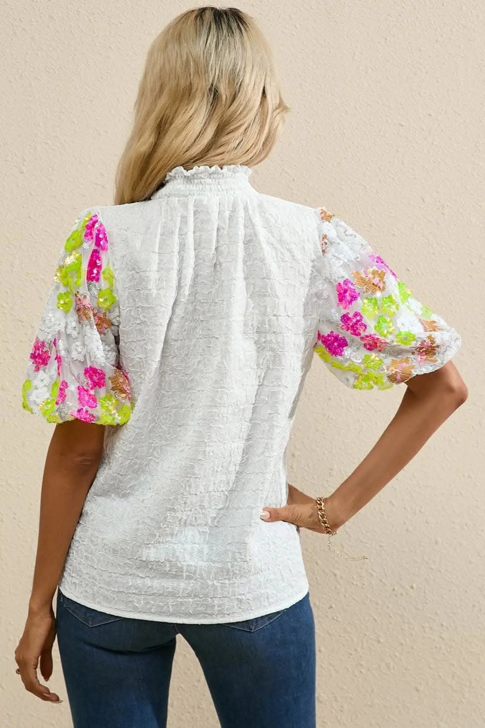 Trendsi Mock Neck Blouse with Floral Sequin Detail