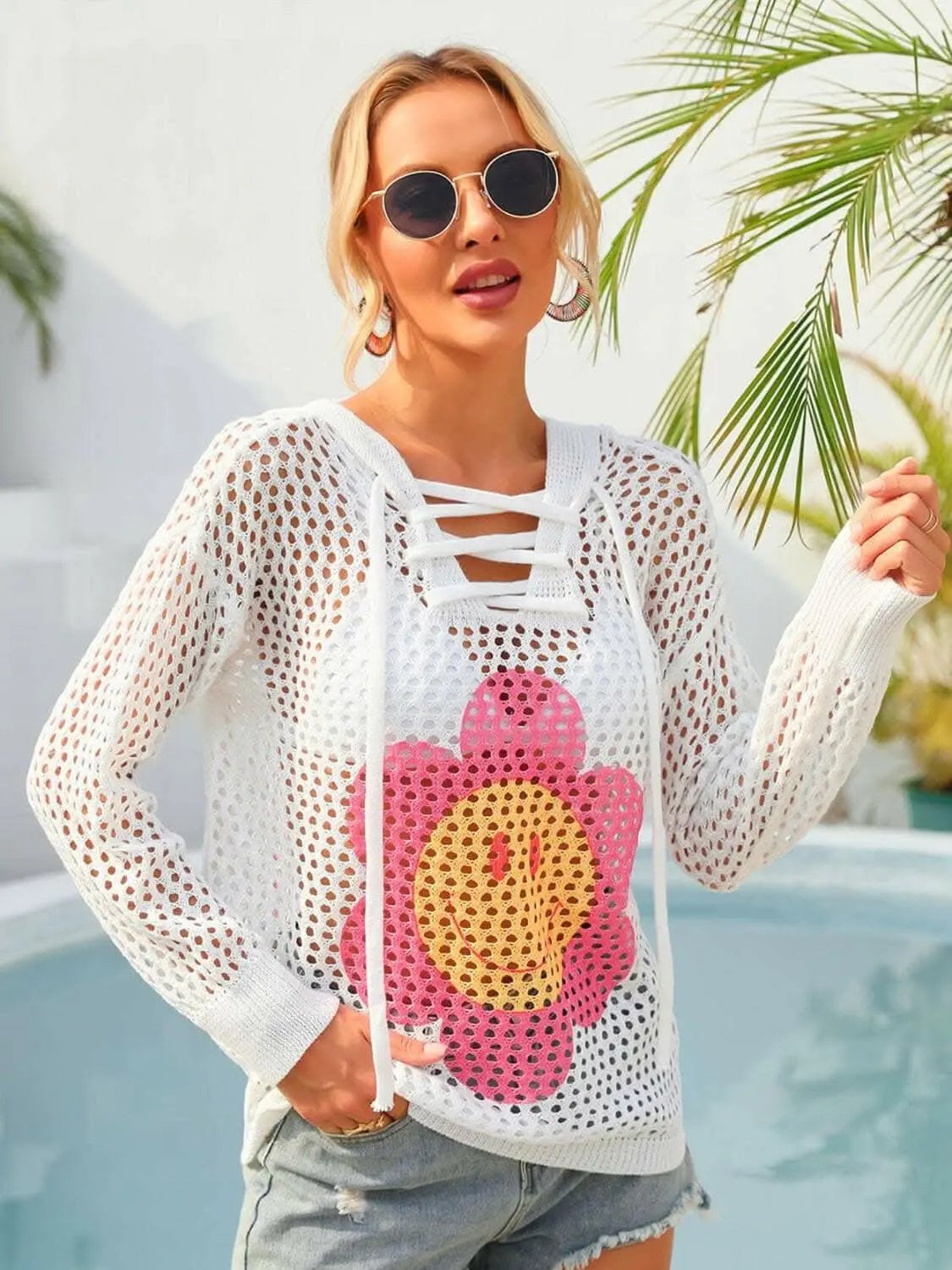 T-Shirts Trendsi swimwear - Floral sheer hooded cover-up