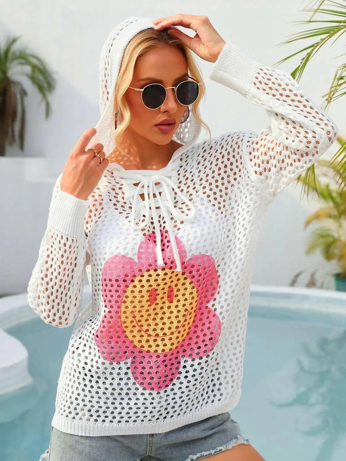 T-Shirts Trendsi swimwear - Floral sheer hooded cover-up