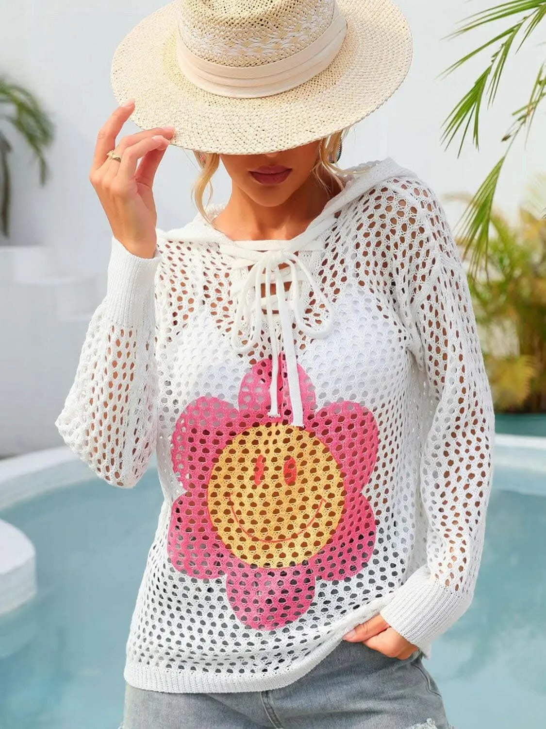 T-Shirts Trendsi swimwear - Floral sheer hooded cover-up