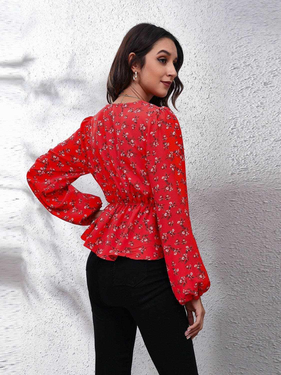 Accessories Trendsi Floral V-Neck Blouse Women's Chic Top Balloon Sleeve Peplum