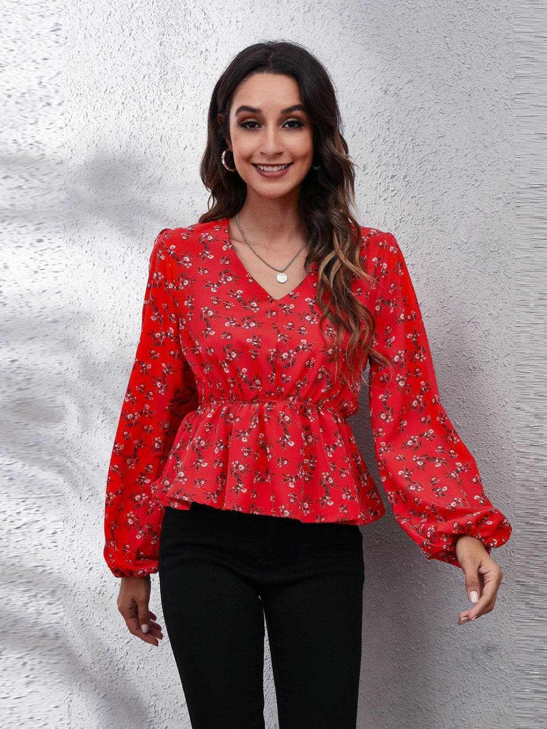 Accessories Trendsi Floral V-Neck Blouse Women's Chic Top Balloon Sleeve Peplum