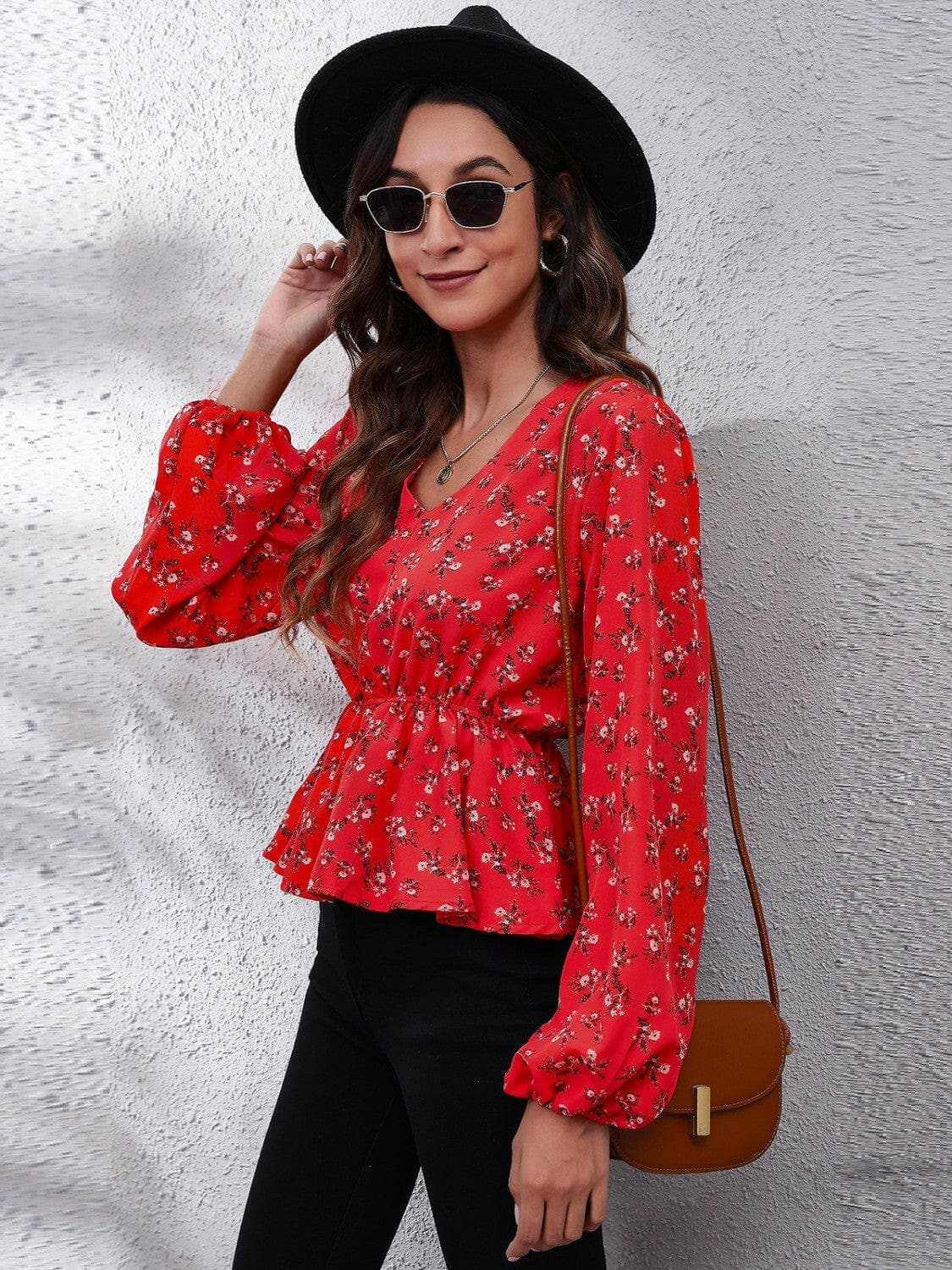 Accessories Trendsi Floral V-Neck Blouse Women's Chic Top Balloon Sleeve Peplum