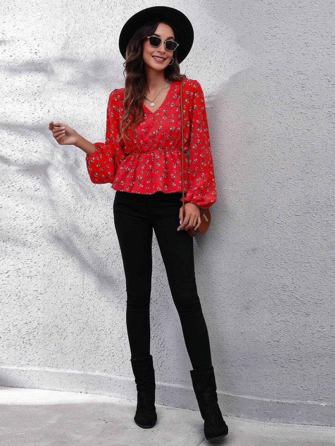 Accessories Trendsi Floral V-Neck Blouse Women's Chic Top Balloon Sleeve Peplum