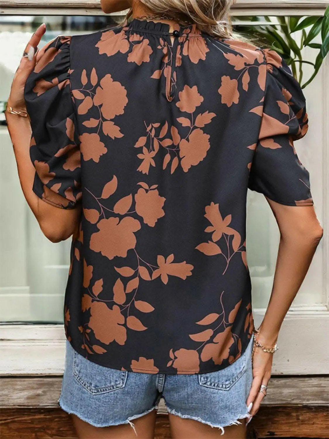 just arrived Trendsi Frill Puff Sleeve Blouse Women's Printed Design Top - Cute & Stylish