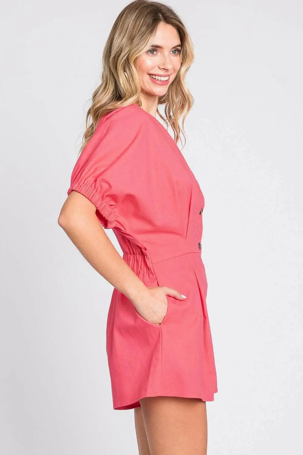 Dresses Trendsi GeeGee Half Button V-Neck Linen Romper