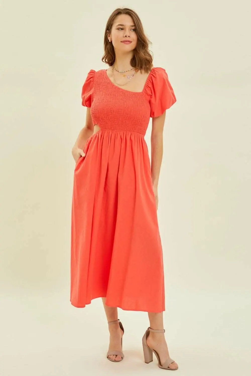 Smocked Midi Dress by Trendsi | Cherry Red