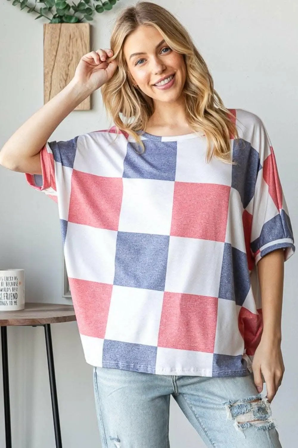 Activewear Trendsi Checkered Tee Women's Casual Top Short Sleeve Round Neck Soft Shirt