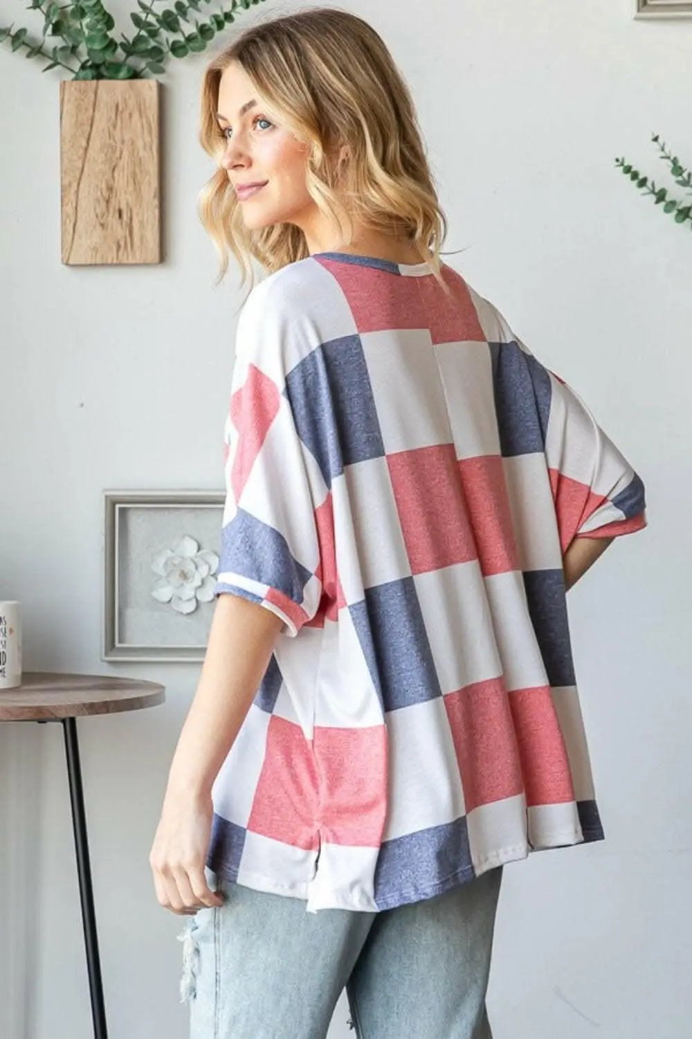 Activewear Trendsi Checkered Tee Women's Casual Top Short Sleeve Round Neck Soft Shirt