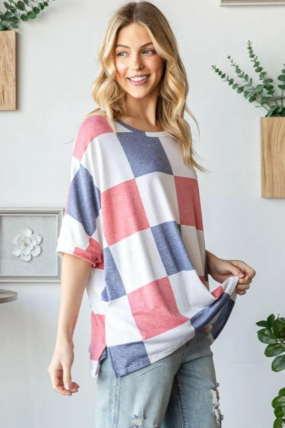 Activewear Trendsi Checkered Tee Women's Casual Top Short Sleeve Round Neck Soft Shirt