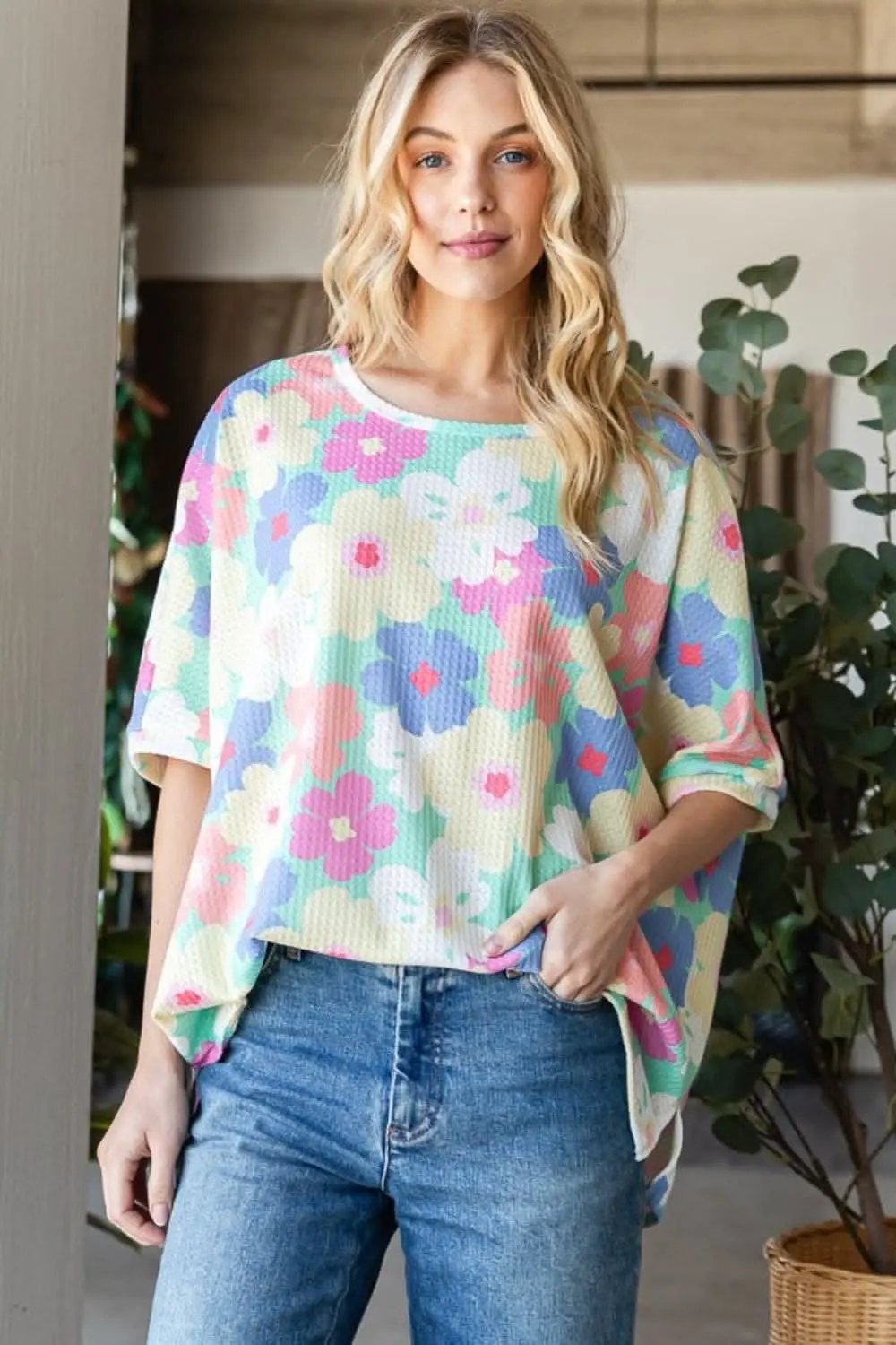 T-Shirts Trendsi Floral Waffle Oversized Women's T-Shirt + Casual Top + Soft & Comfy
