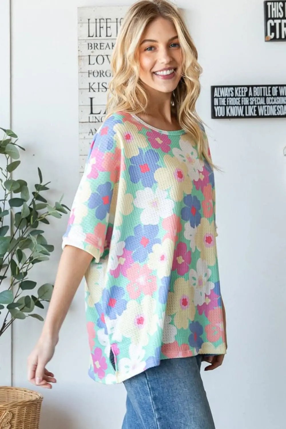 T-Shirts Trendsi Floral Waffle Oversized Women's T-Shirt + Casual Top + Soft & Comfy