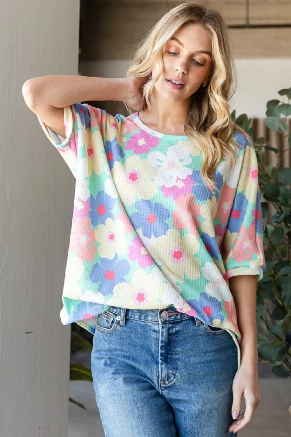 T-Shirts Trendsi Floral Waffle Oversized Women's T-Shirt + Casual Top + Soft & Comfy