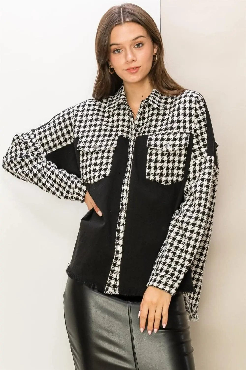 Women's Jacket Houndstooth Jacket - Raw Hem - Chic Fall Outerwear