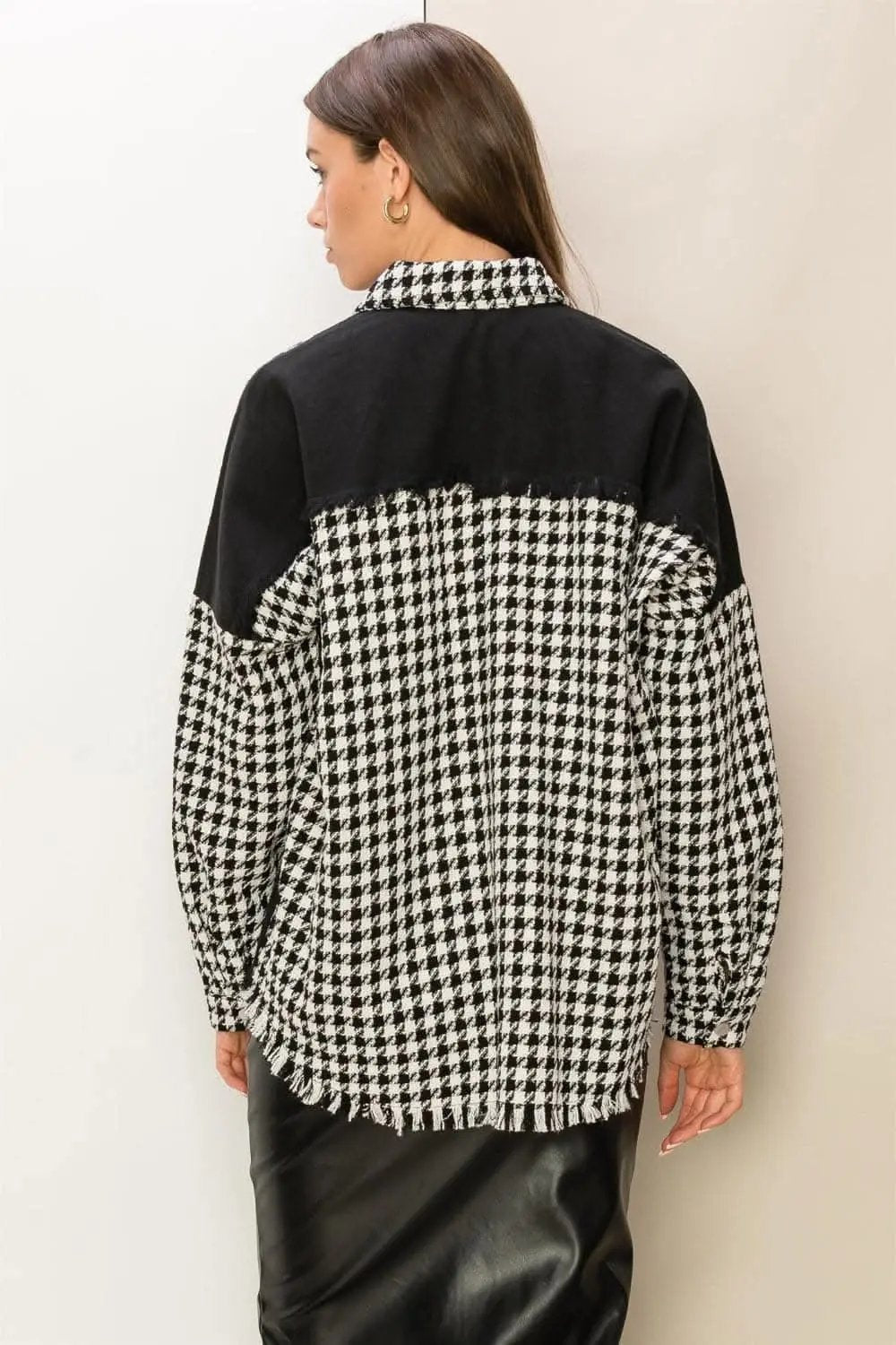 Women's Jacket Houndstooth Jacket - Raw Hem - Chic Fall Outerwear