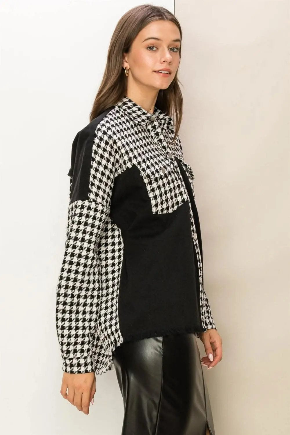 Women's Jacket Houndstooth Jacket - Raw Hem - Chic Fall Outerwear