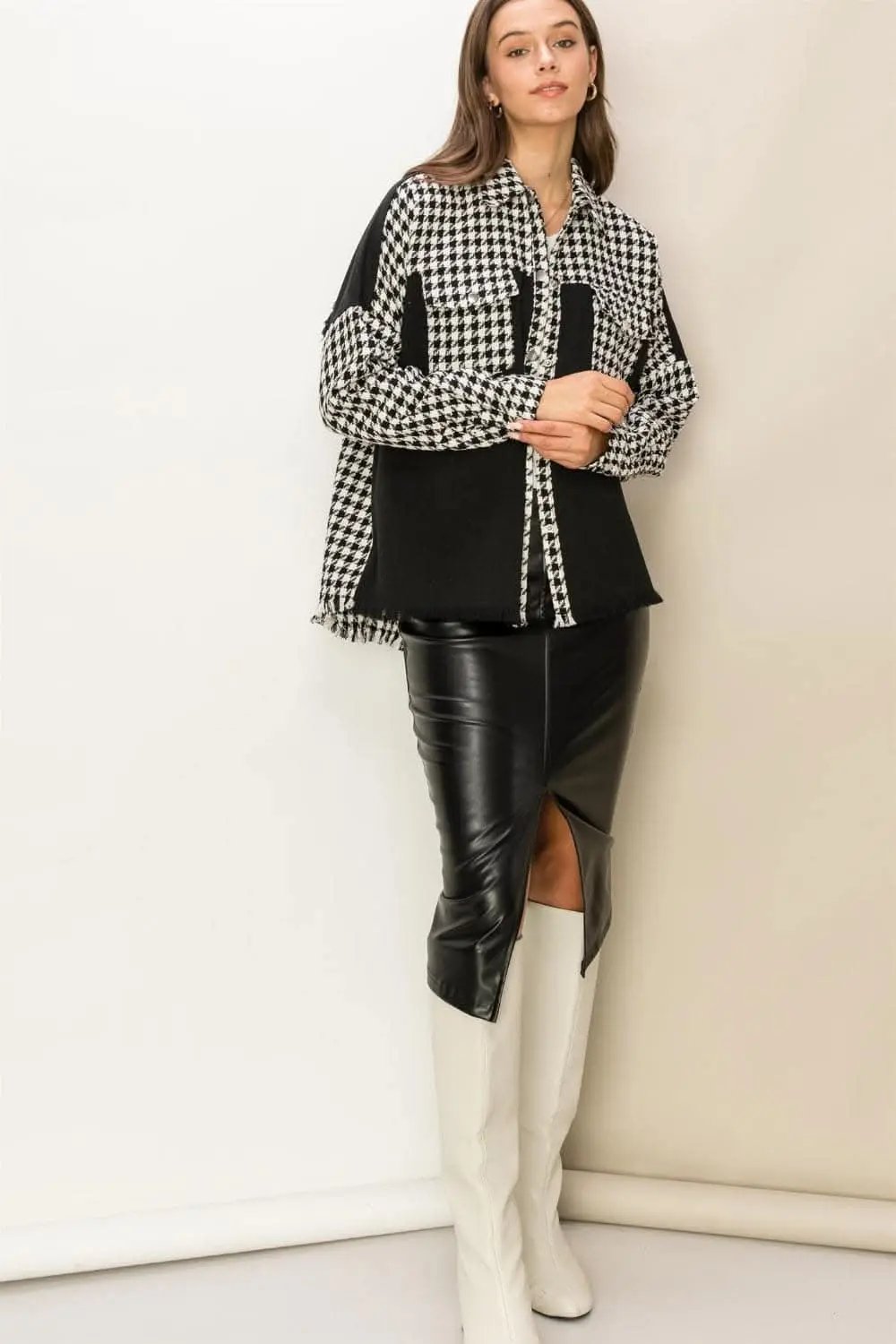 Women's Jacket Houndstooth Jacket - Raw Hem - Chic Fall Outerwear