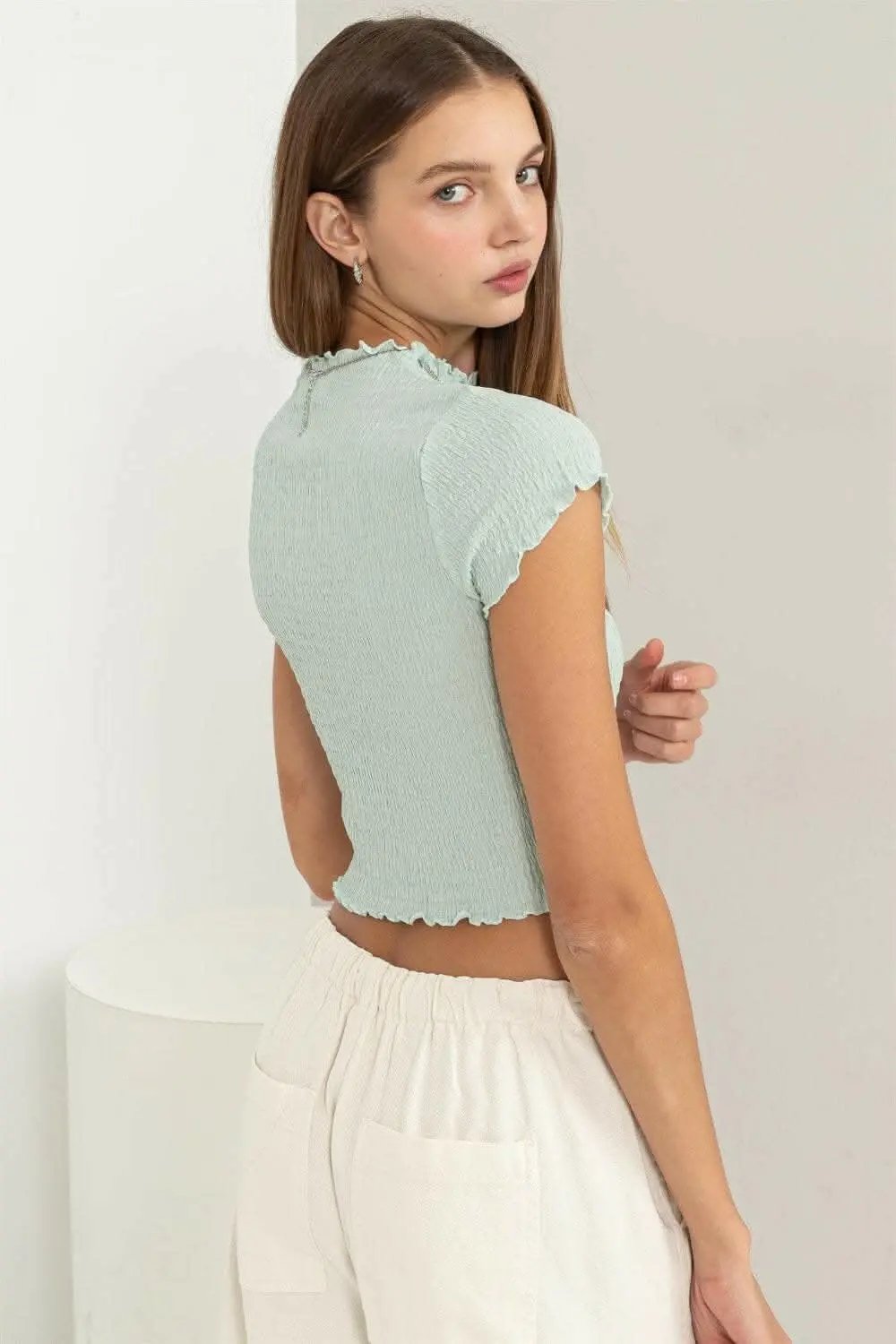 Mint Cotton Crop Top by Trendsi | Lettuce Hem Detail