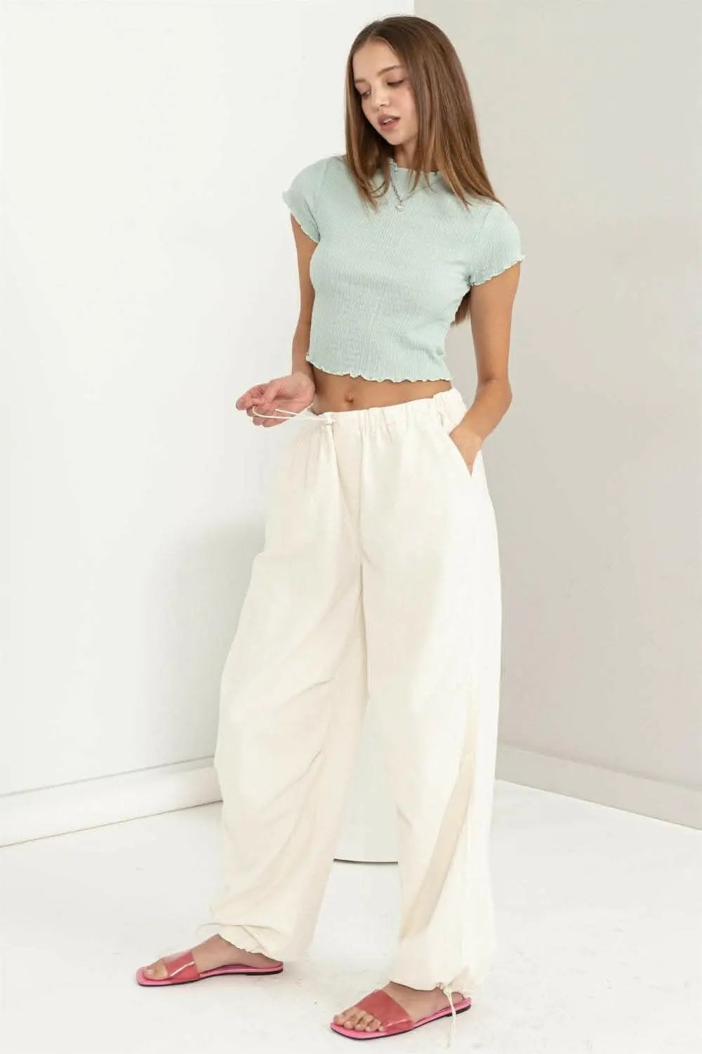 Mint Cotton Crop Top by Trendsi | Lettuce Hem Detail