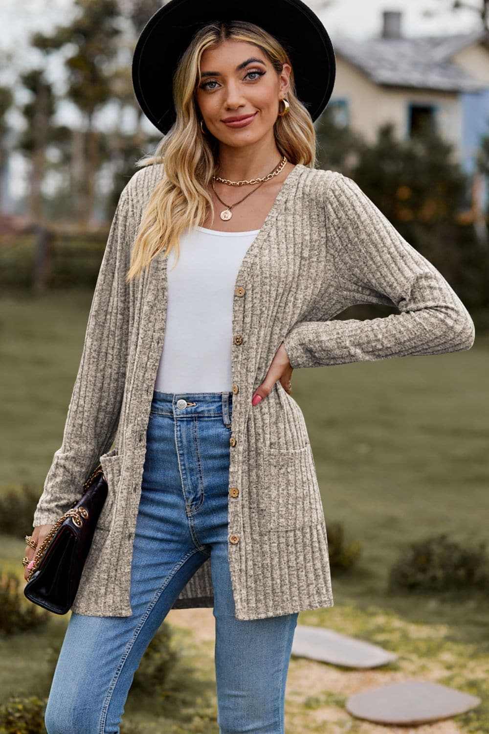 Sweaters Trendsi Heathered ribbed cardigan with pockets