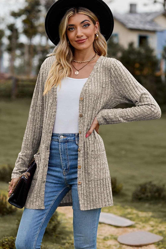 Sweaters Trendsi Heathered ribbed cardigan with pockets