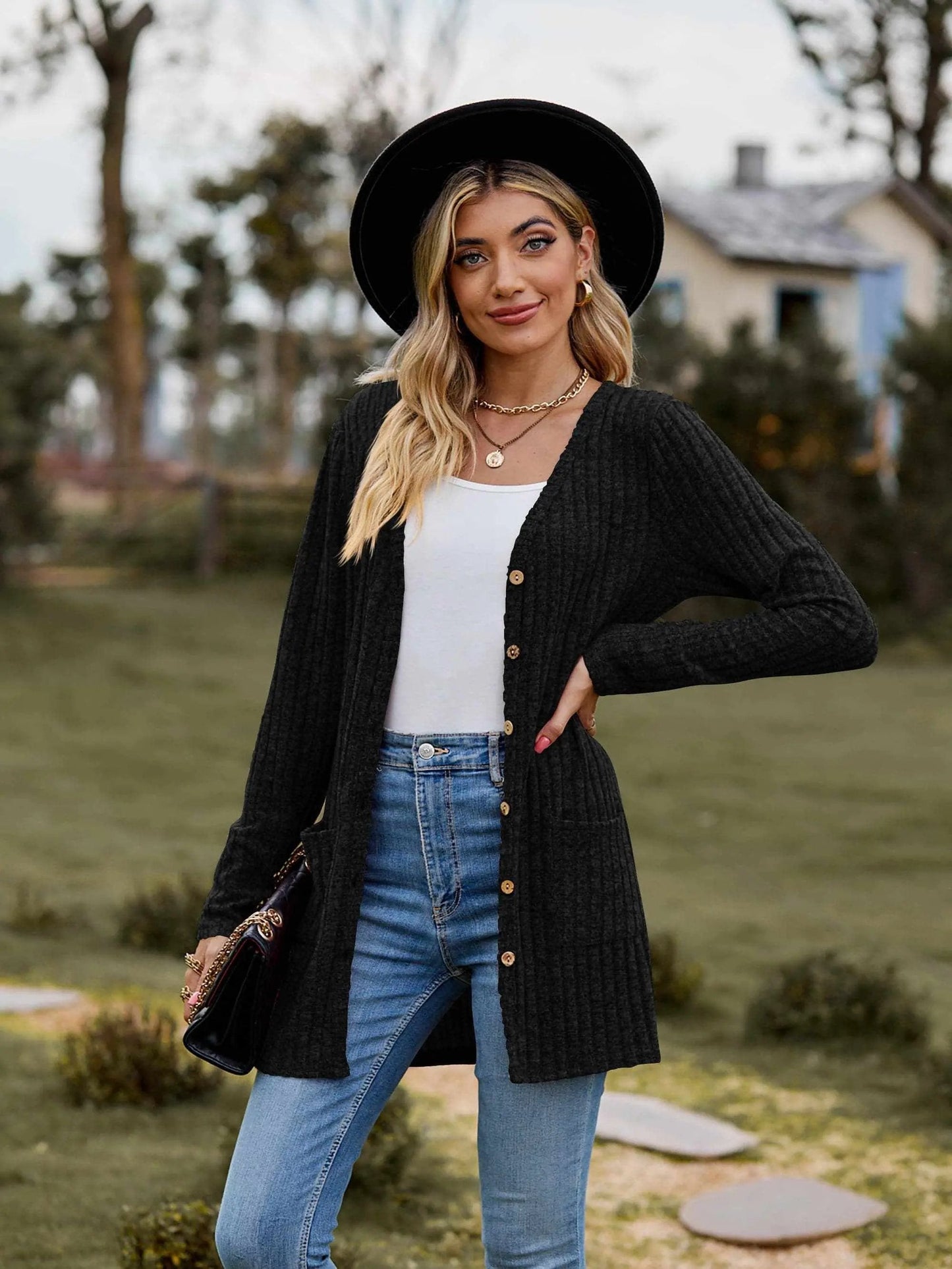 Sweaters Trendsi Heathered ribbed cardigan with pockets