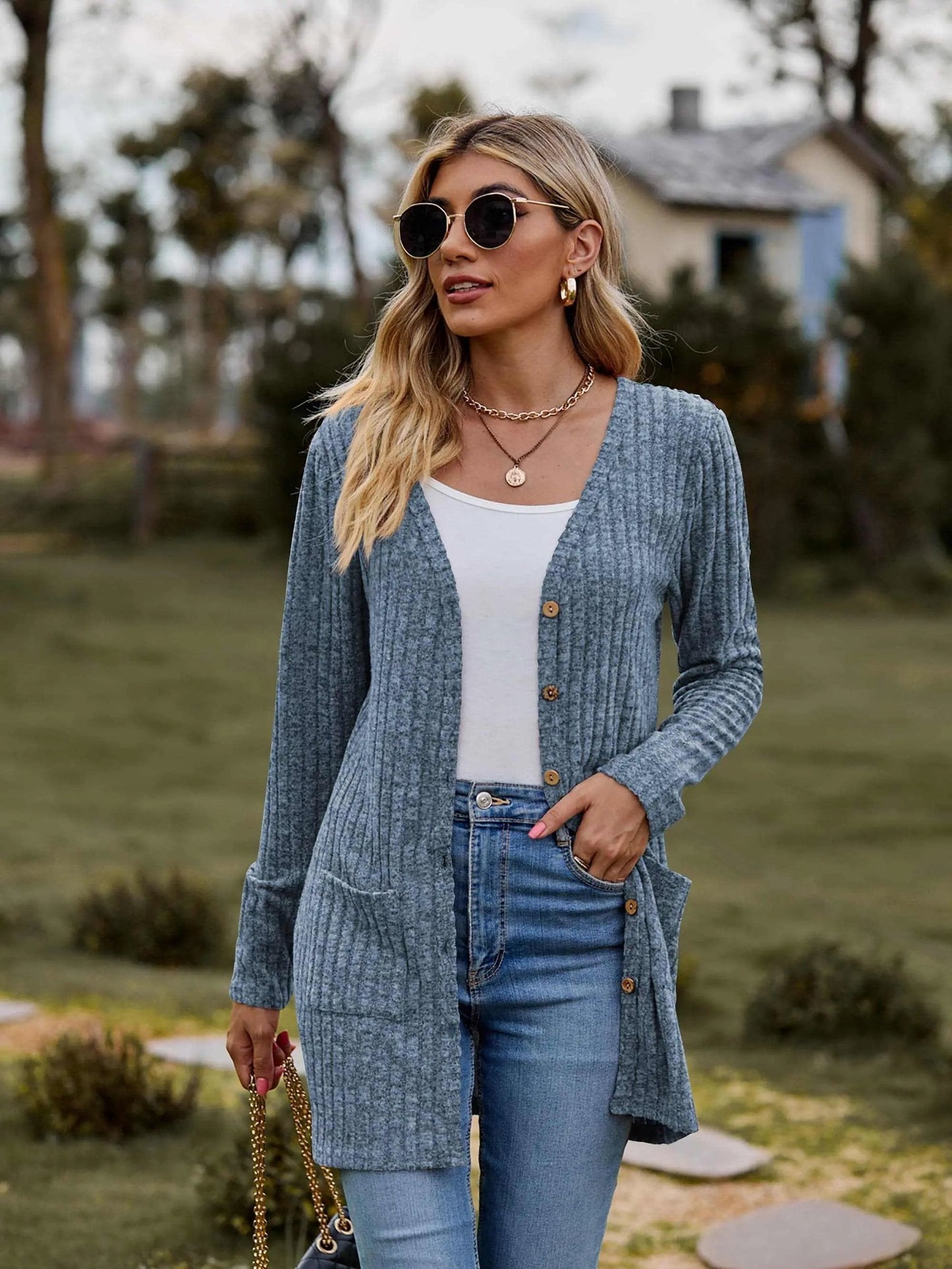 Sweaters Trendsi Heathered ribbed cardigan with pockets