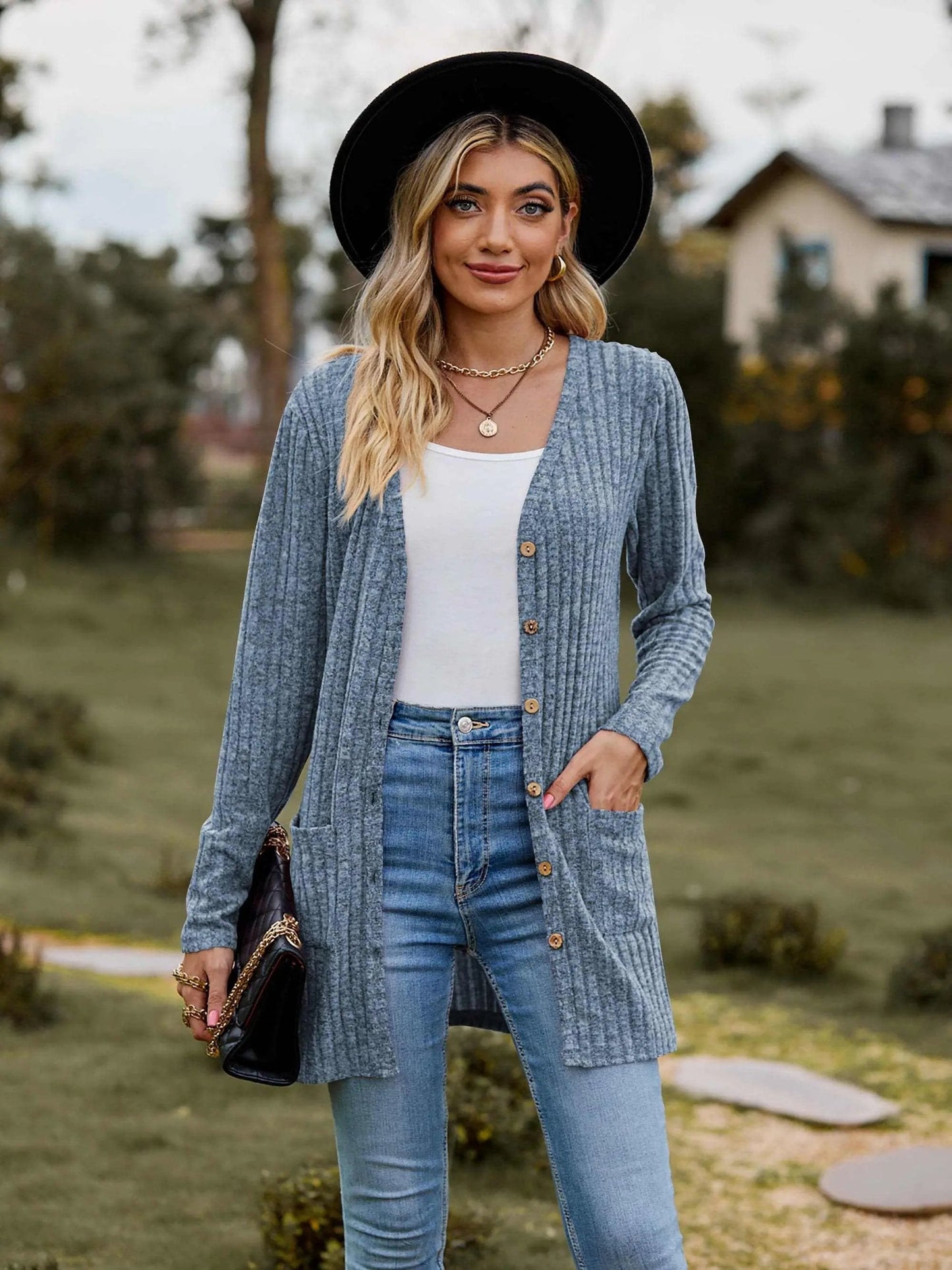 Sweaters Trendsi Heathered ribbed cardigan with pockets