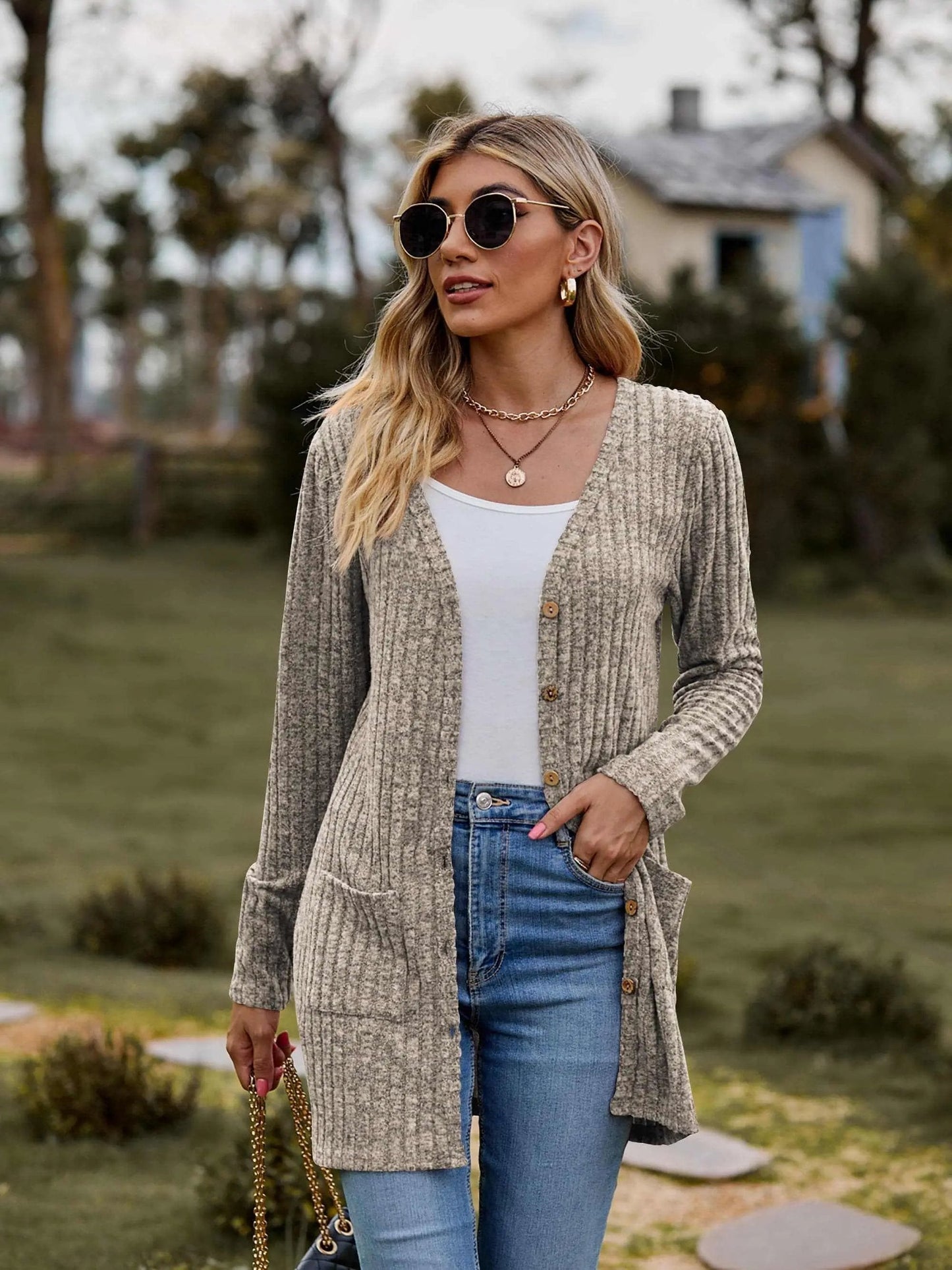 Sweaters Trendsi Heathered ribbed cardigan with pockets