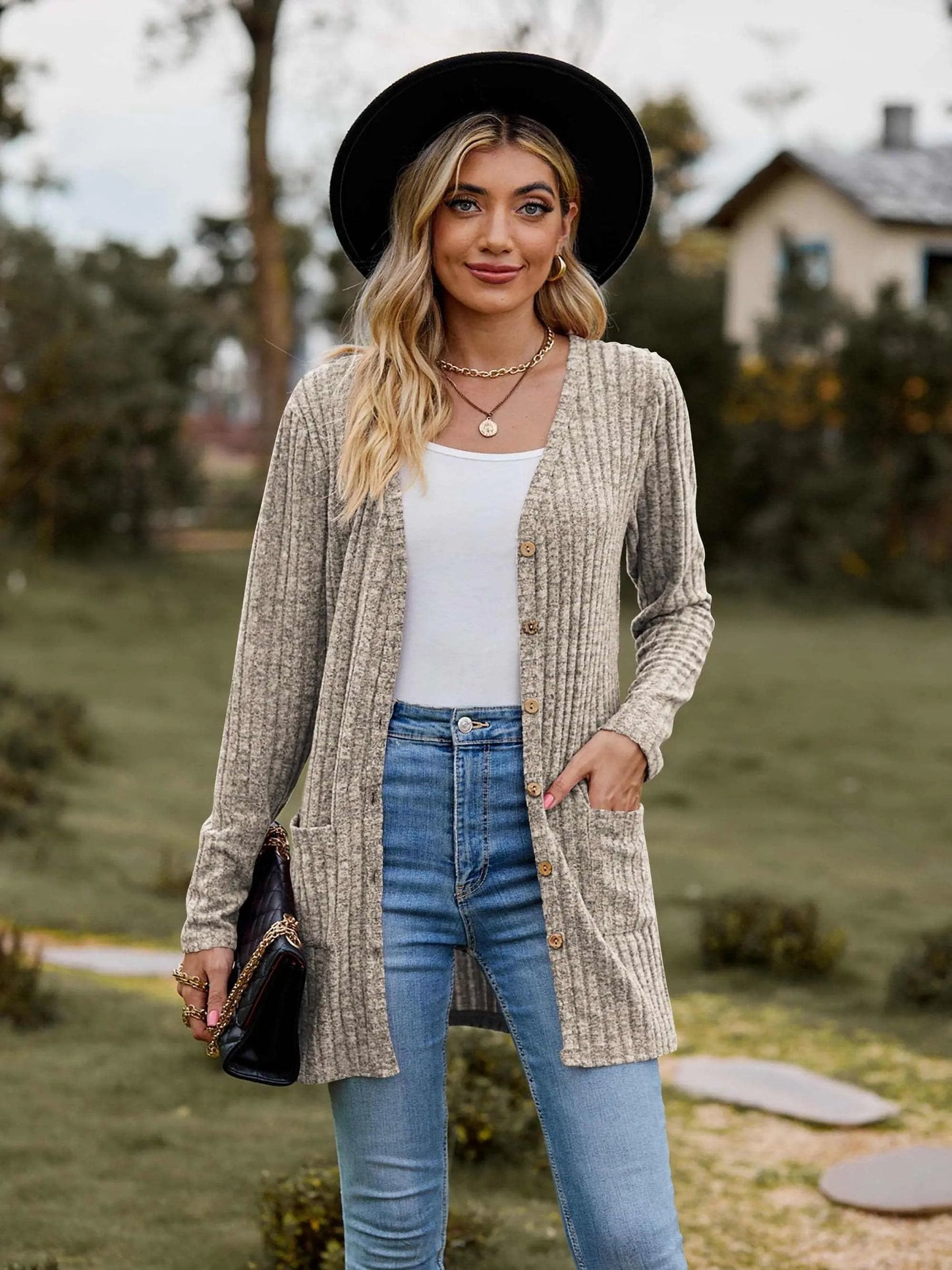 Sweaters Trendsi Heathered ribbed cardigan with pockets