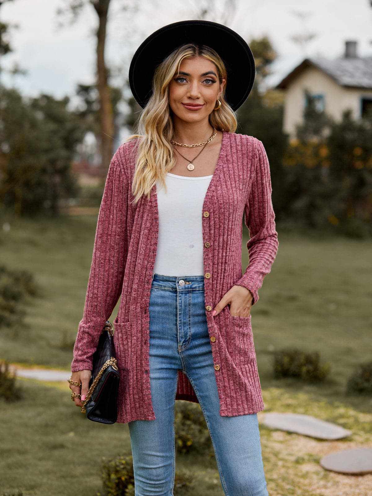 Sweaters Trendsi Heathered ribbed cardigan with pockets