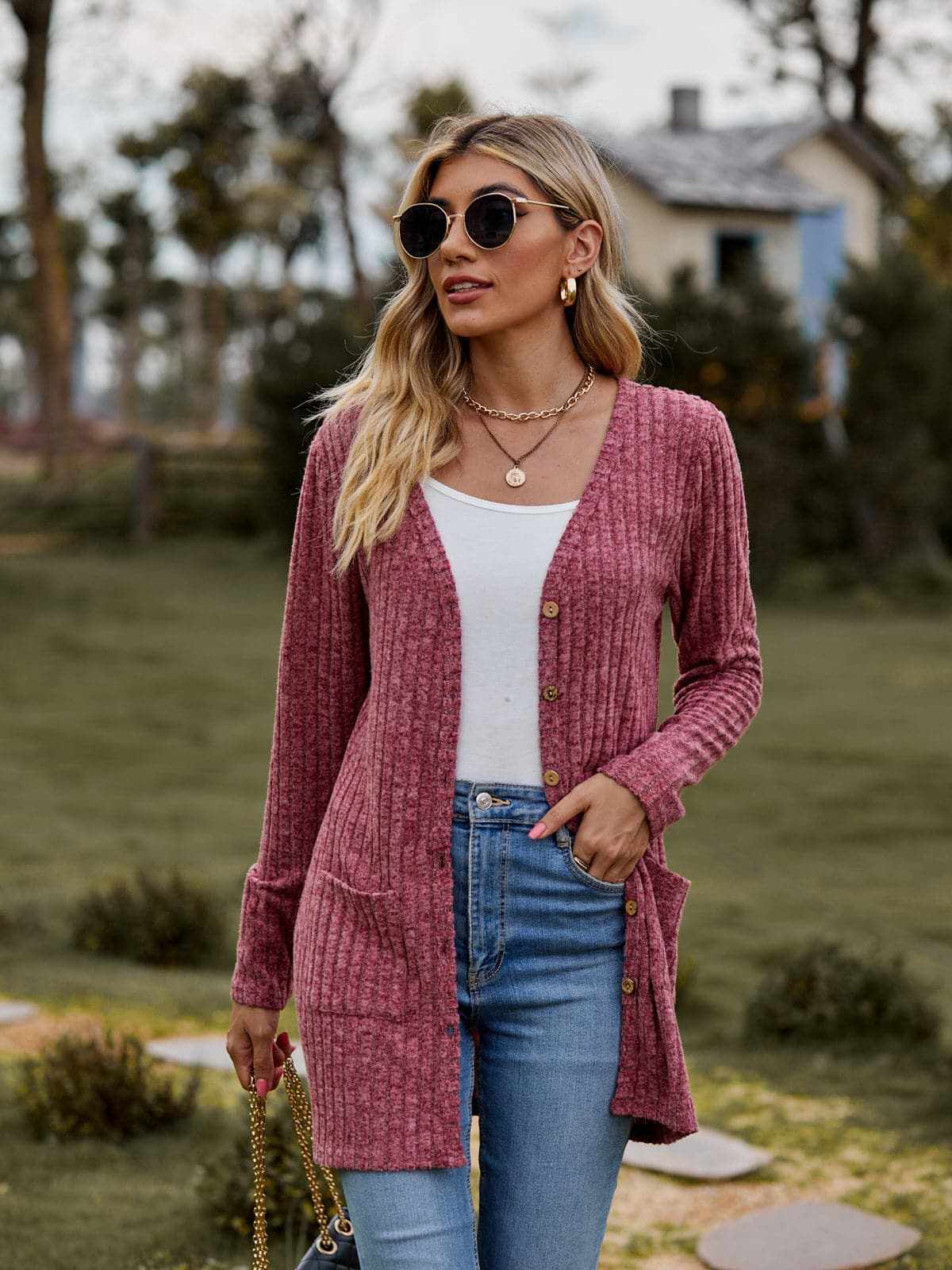 Sweaters Trendsi Heathered ribbed cardigan with pockets