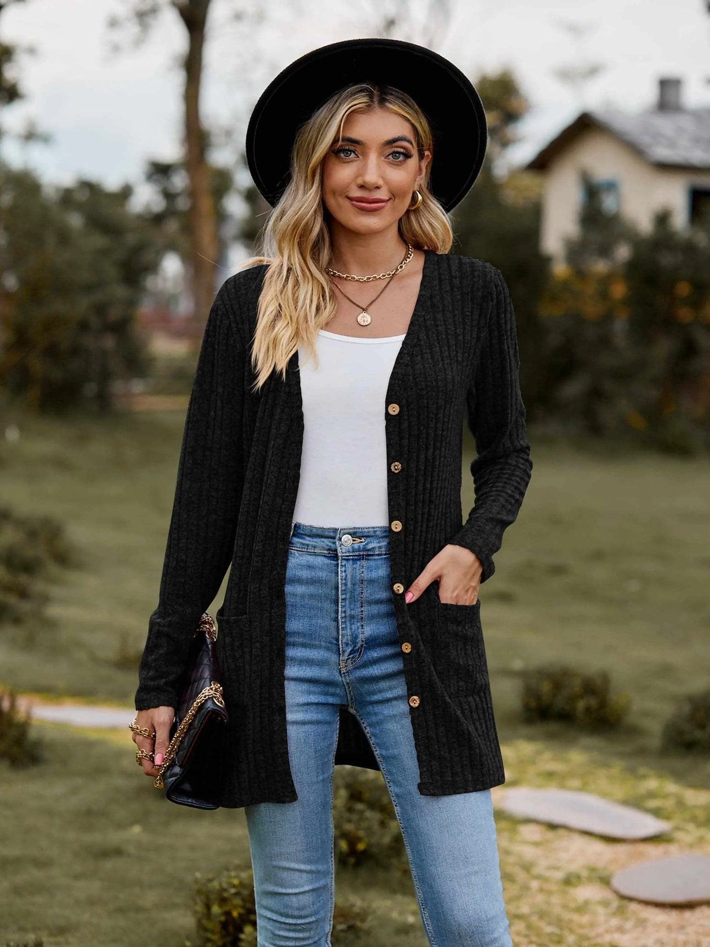 Sweaters Trendsi Heathered ribbed cardigan with pockets