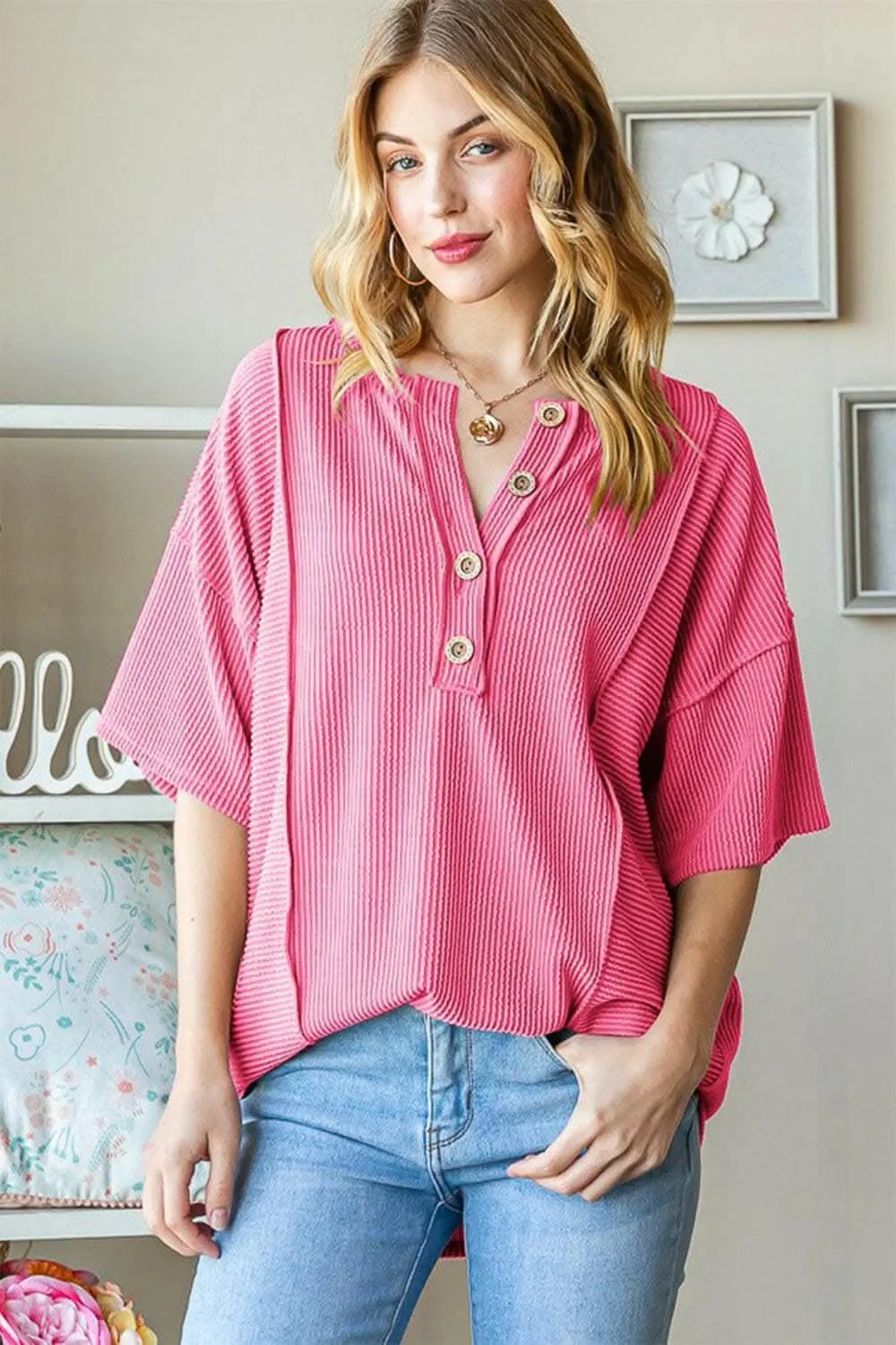 Accessories Trendsi Heimish Full Size Ribbed Half Button Drop Shoulder