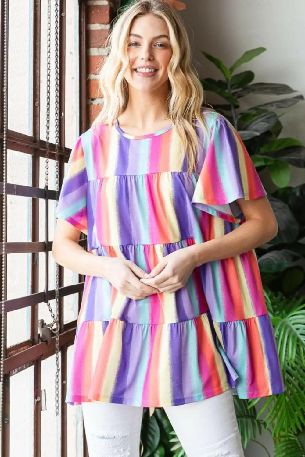 T-Shirts Trendsi Shorts - Heimish Full Size Short Sleeve Striped Tiered Top