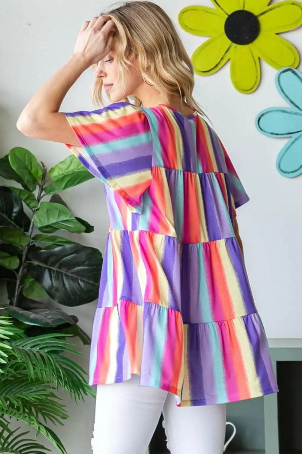 T-Shirts Trendsi Shorts - Heimish Full Size Short Sleeve Striped Tiered Top