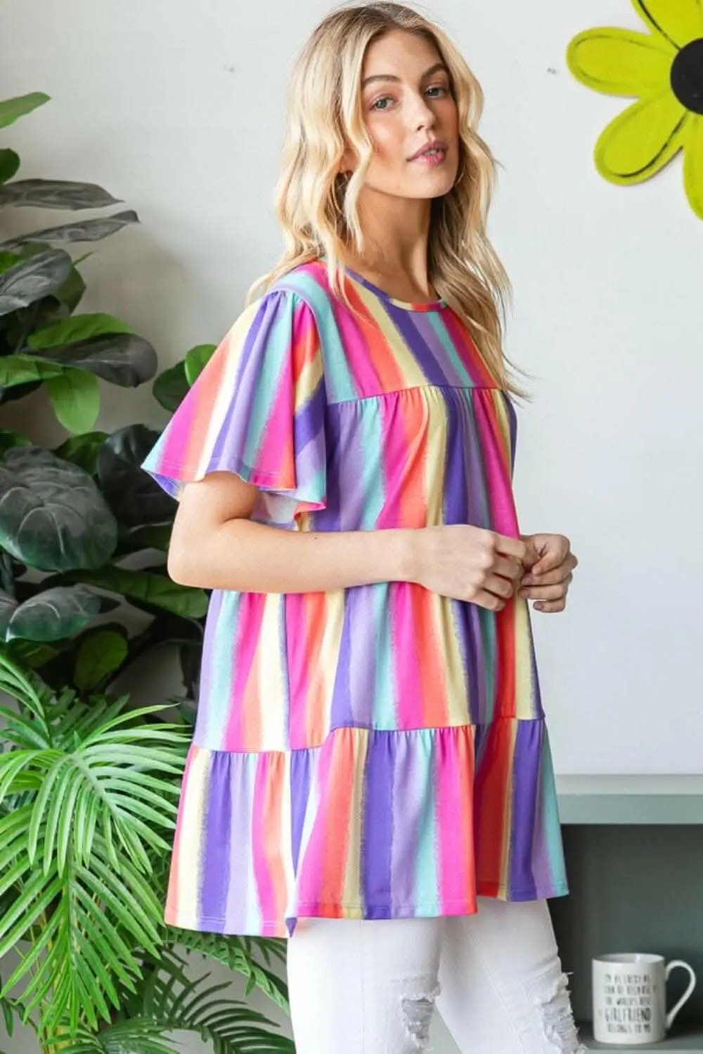 T-Shirts Trendsi Shorts - Heimish Full Size Short Sleeve Striped Tiered Top